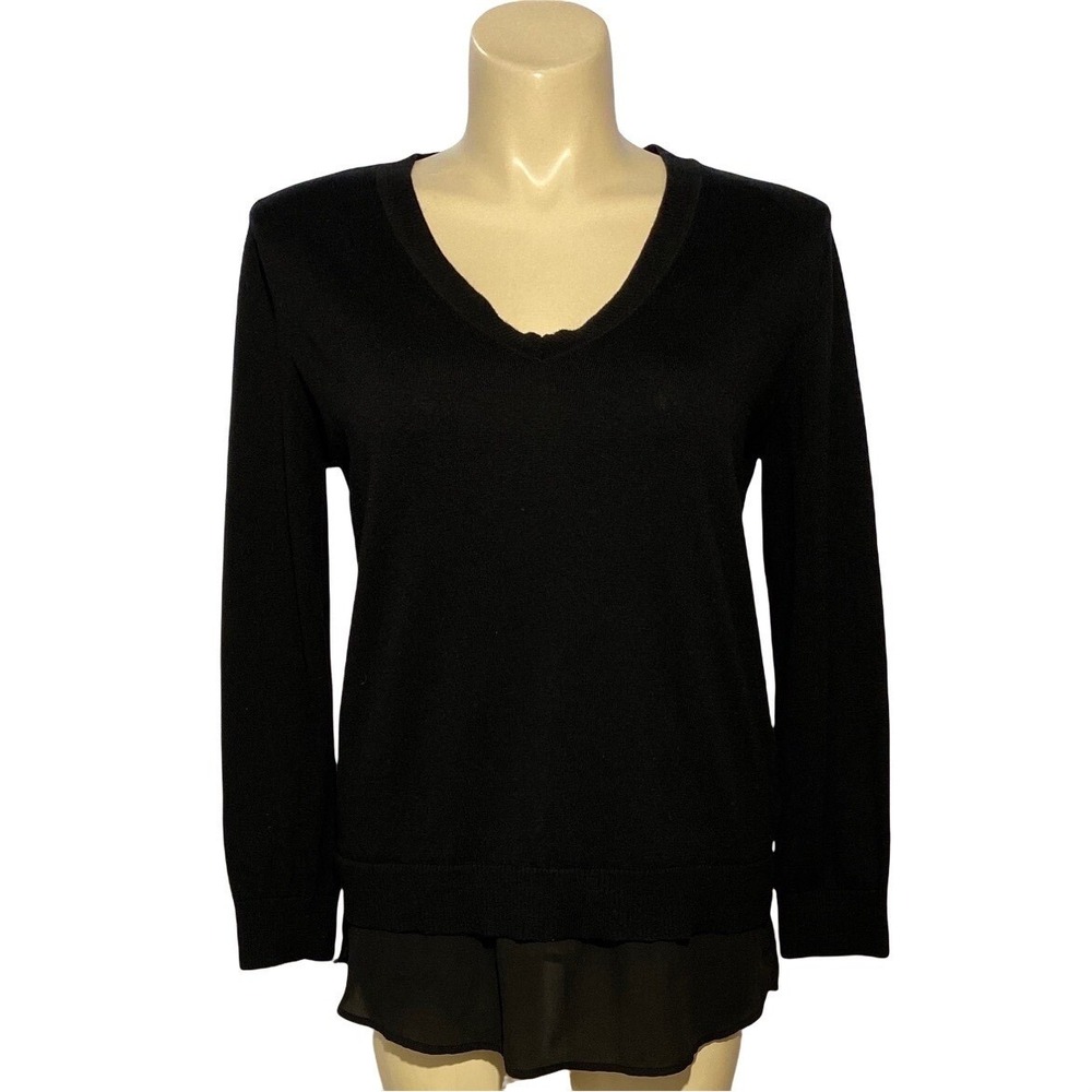 Lilla P Sweater XL Solid Black Silk Blend Long Sl Chiffon Hem Side Slits Cozy